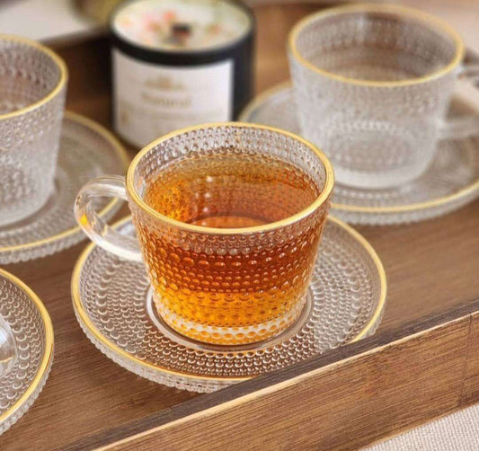 Embossed textured glass cup and saucer set