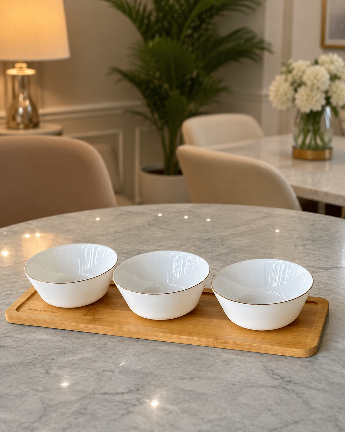 Ceramic Dip & Snack Bowl Set with Wooden Tray