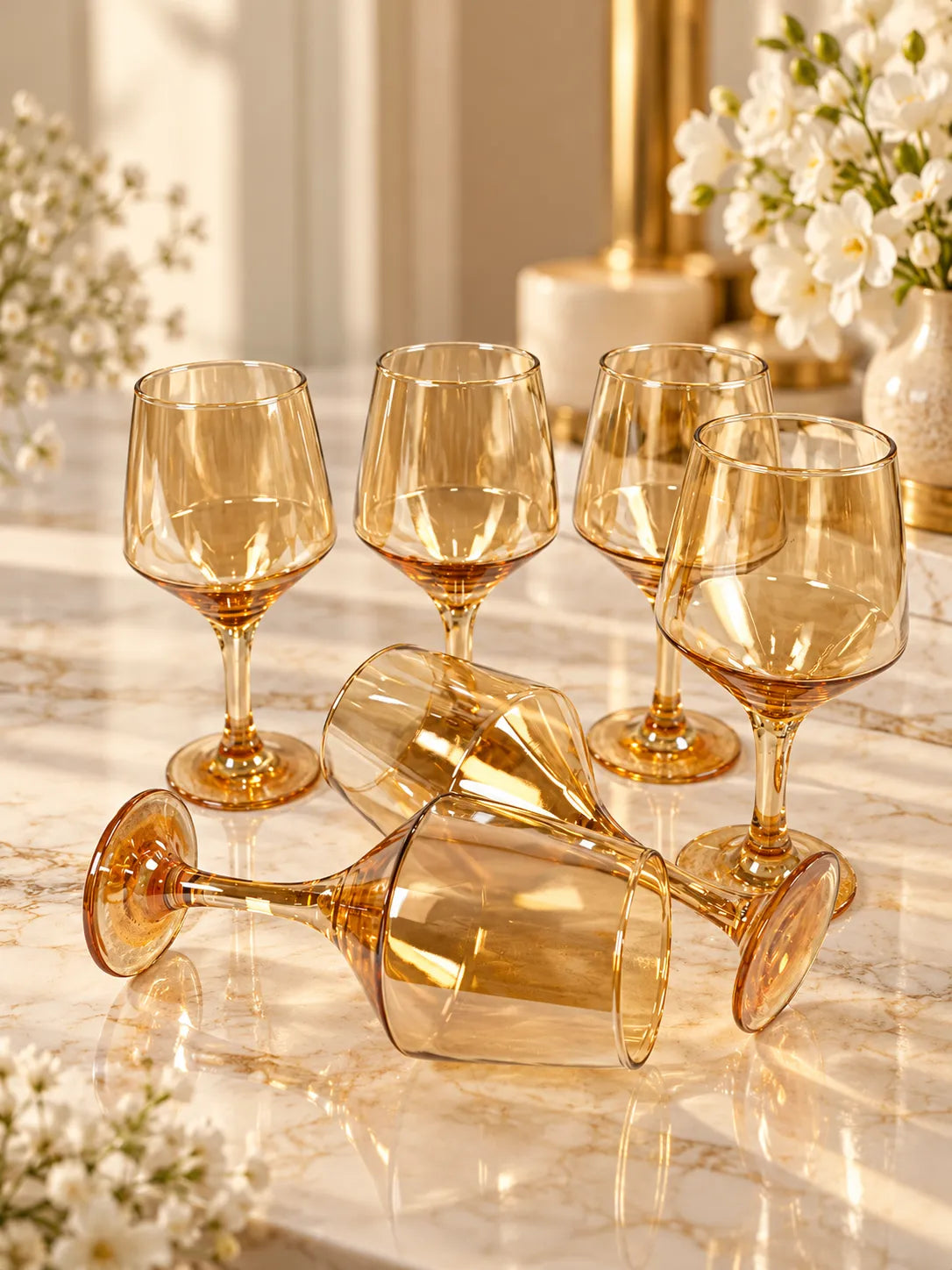 Amber Gold Stemmed Glass Set – 6 Pieces