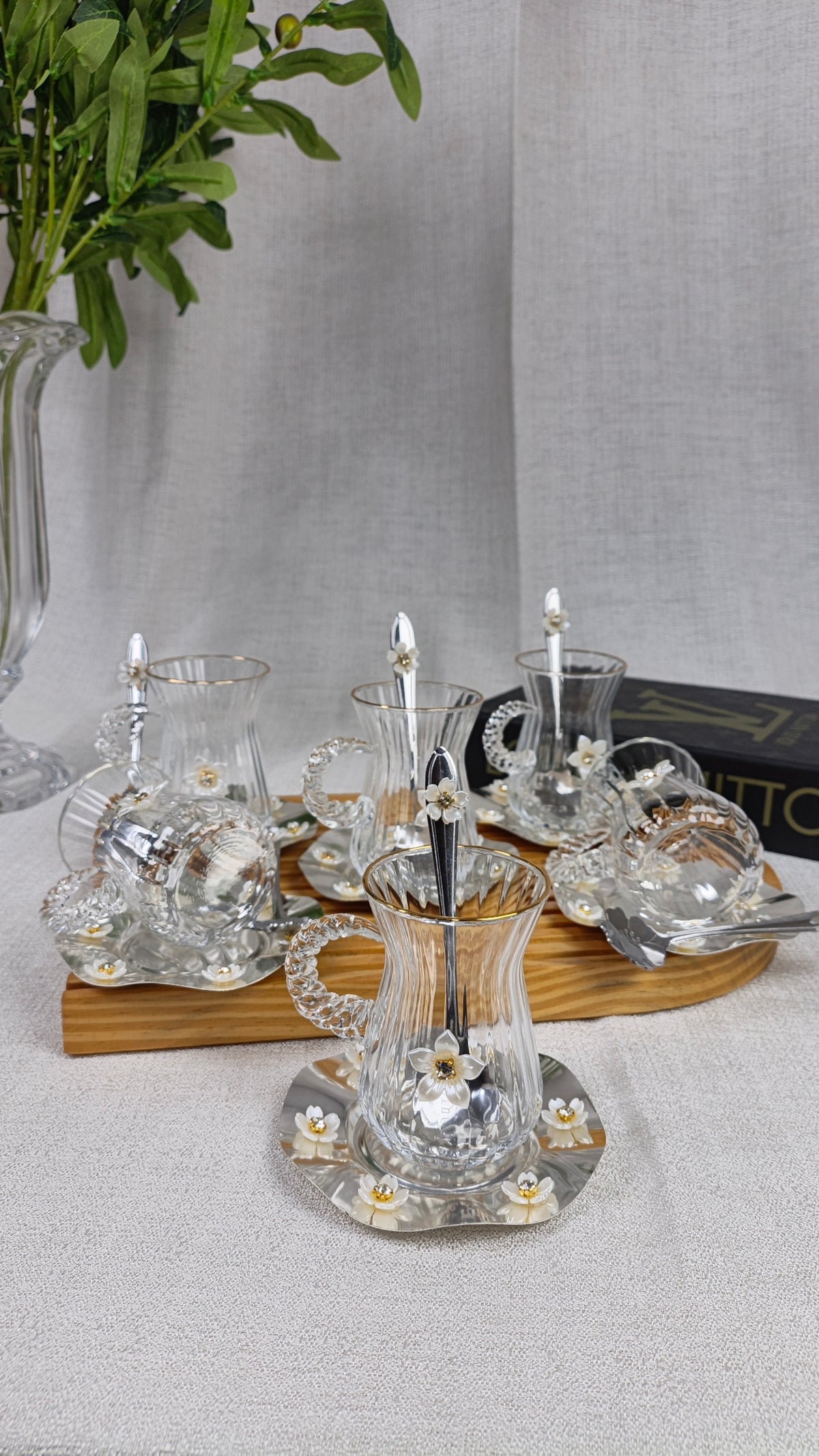 Floral Crystal Glass Tea Cup Set with Spoon & Saucer