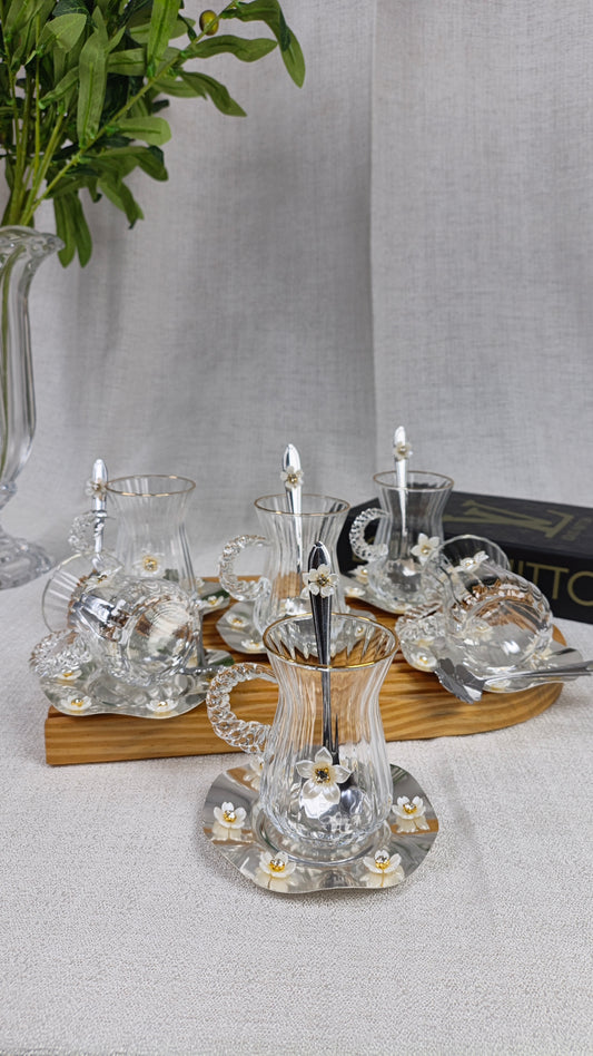 Floral Crystal Glass Tea Cup Set with Spoon & Saucer