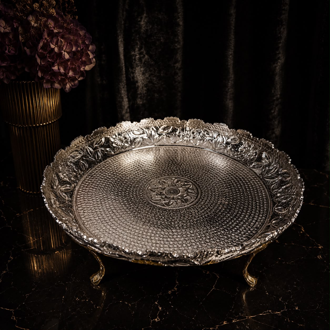 Silver & Gold Floral Carved Serving Platter