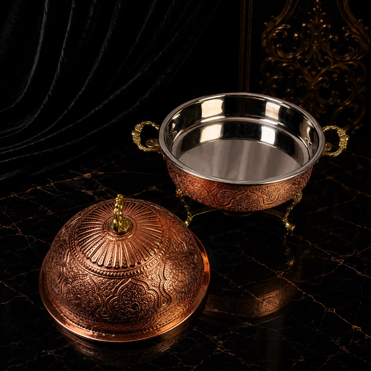 Royal Engraved Copper Round Chafing Dish