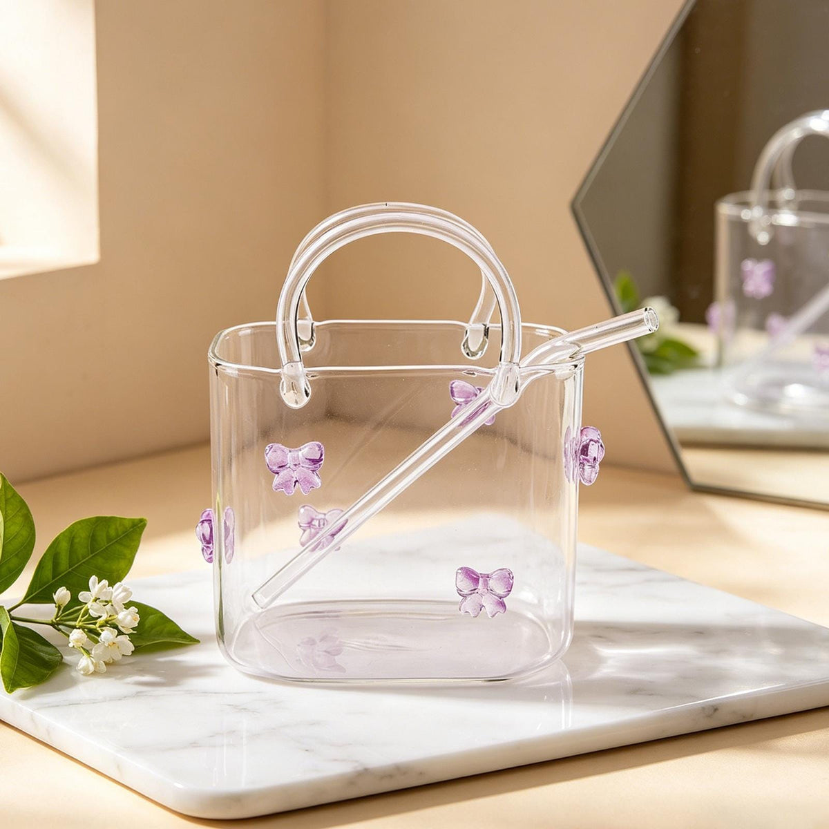 Clear Glass Handbag Drinkware Mug with Glass Straw