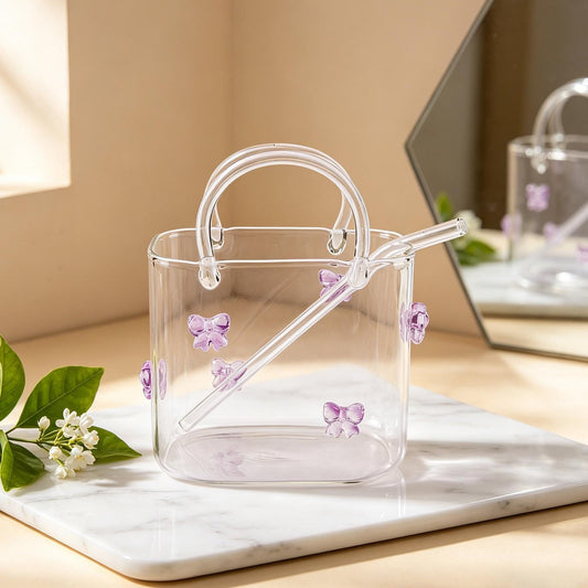 Clear Glass Handbag Drinkware Mug with Glass Straw