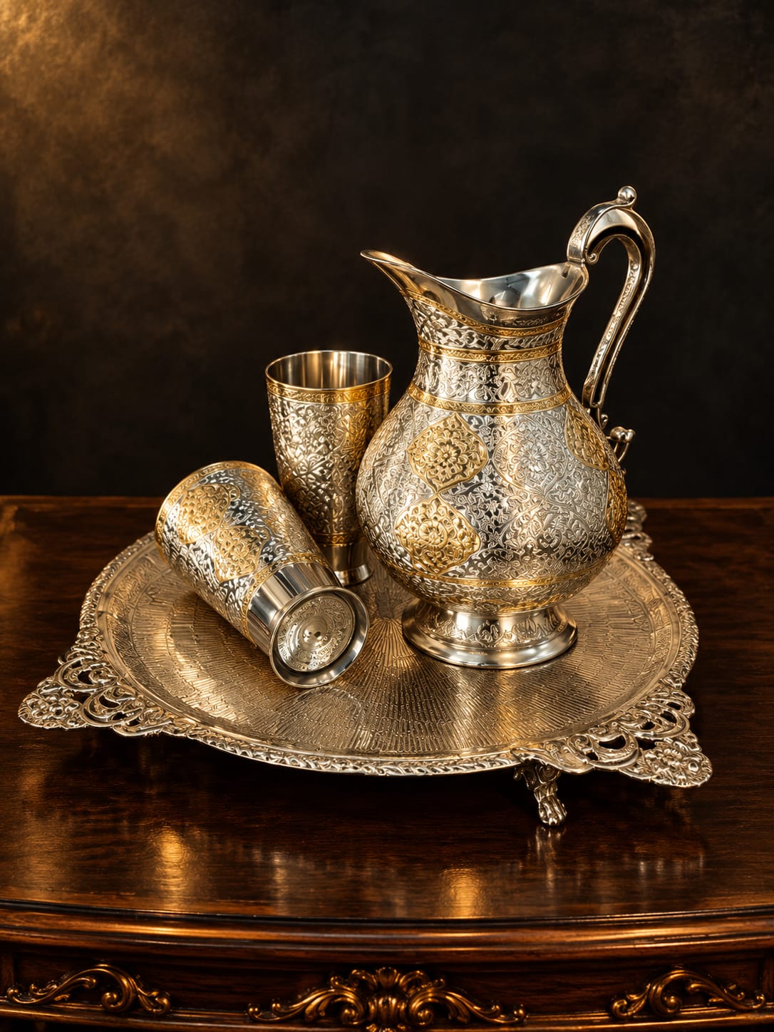 Royal Silver & Gold Engraved Jug and Glass Set with Decorative Serving Tray