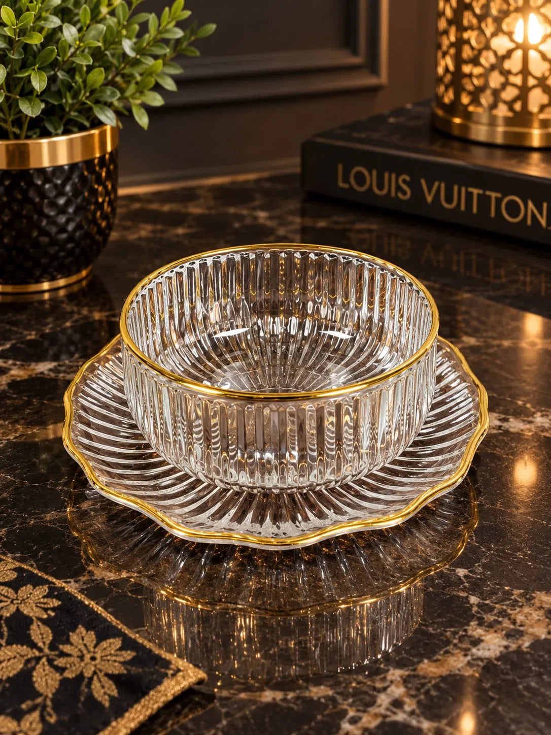 Luxury wave Rim Crystal Glass Bowl & Saucer Set – 12 Pieces (6 Bowls + 6 Saucers)