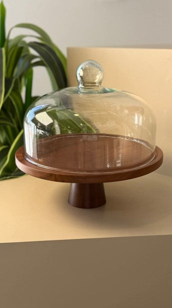 Wooden Cake Stand with Glass Dome
