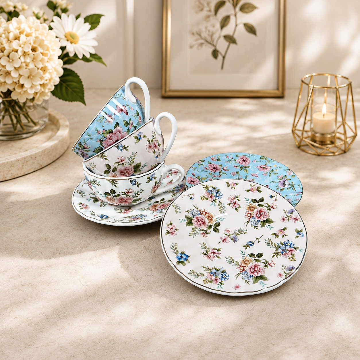 Pastel Bloom Tea Cups and Saucers