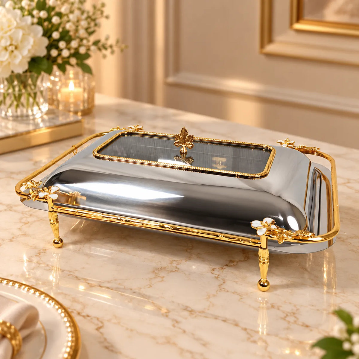 Luxury Rectangular Stainless Steel Serving Dish with Gold Accents & Glass Lid