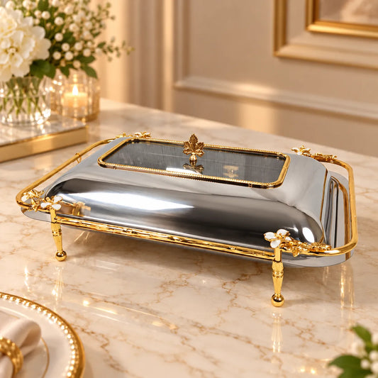 Luxury Rectangular Stainless Steel Serving Dish with Gold Accents & Glass Lid