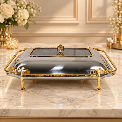 Luxury Rectangular Stainless Steel Serving Dish with Gold Accents & Glass Lid
