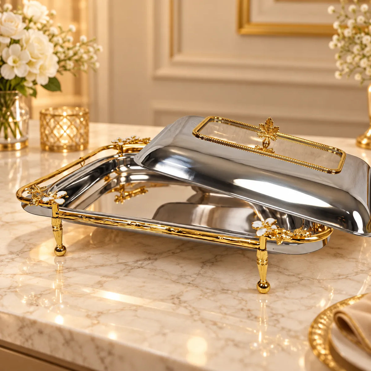 Luxury Rectangular Stainless Steel Serving Dish with Gold Accents & Glass Lid