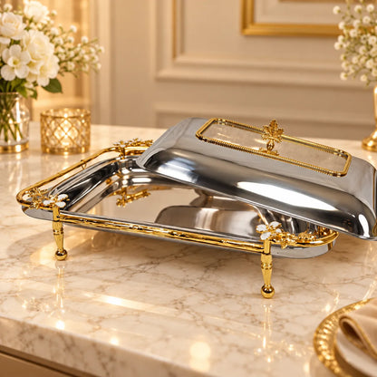 Luxury Rectangular Stainless Steel Serving Dish with Gold Accents & Glass Lid