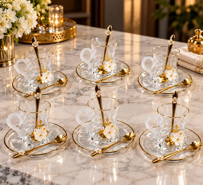White Floral Gold Glass kawa Cup Set – 18 Pieces (6 Cups, 6 Saucers & 6 Spoons)