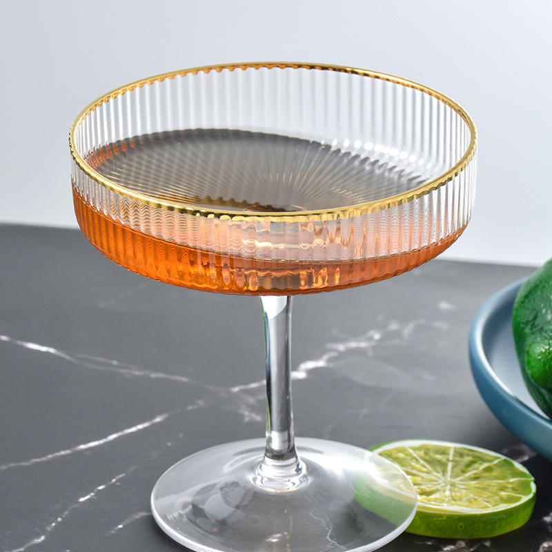 Ribbed Champagne Coupe Glass with Gold Rim