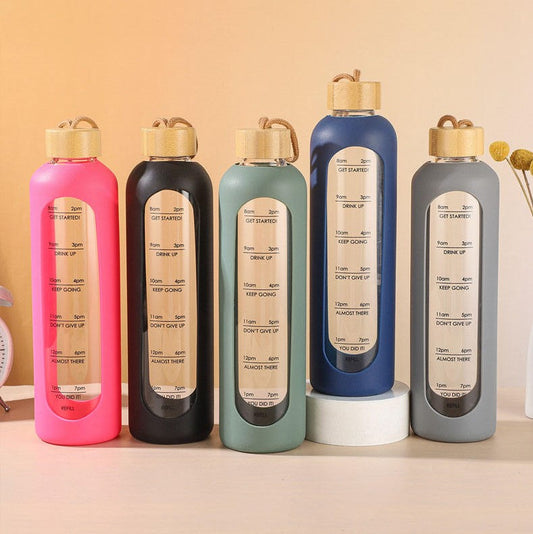 Glass Water Bottle with Silicone Sleeve and Bamboo Lid