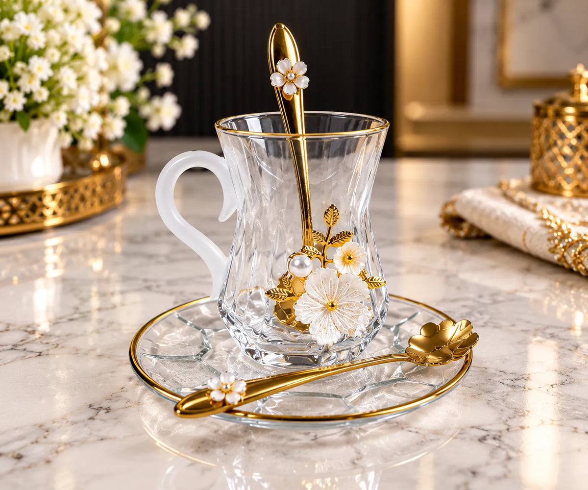White Floral Gold Glass kawa Cup Set – 18 Pieces (6 Cups, 6 Saucers & 6 Spoons)