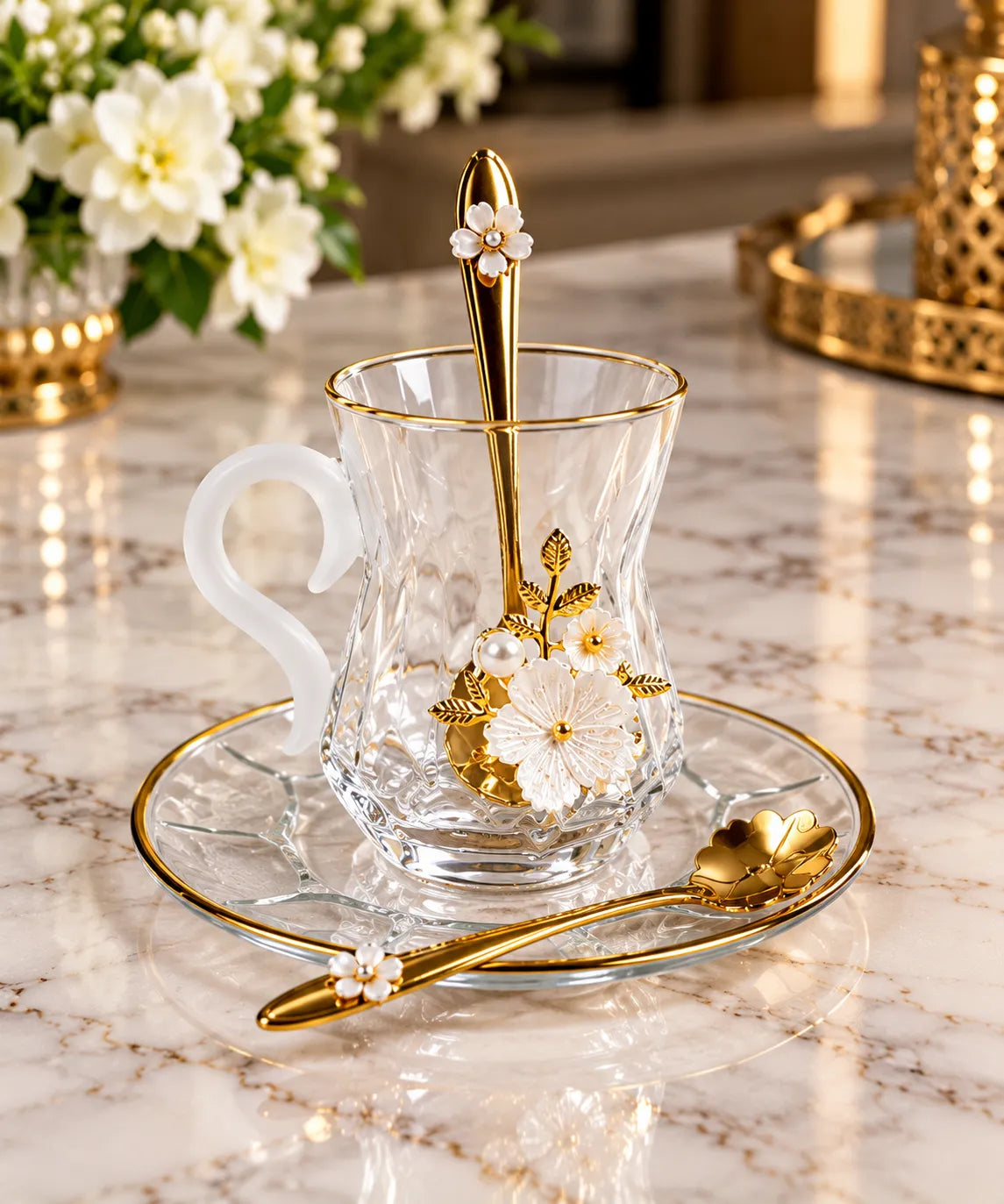 White Floral Gold Glass kawa Cup Set – 18 Pieces (6 Cups, 6 Saucers & 6 Spoons)