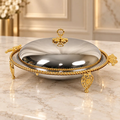 Luxury Round Stainless Steel Serving Dish with Gold Floral Detailing & Dome Lid