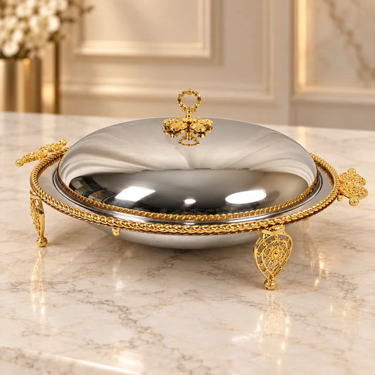 Luxury Round Stainless Steel Serving Dish with Gold Floral Detailing & Dome Lid