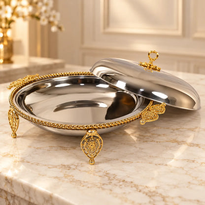 Luxury Round Stainless Steel Serving Dish with Gold Floral Detailing & Dome Lid