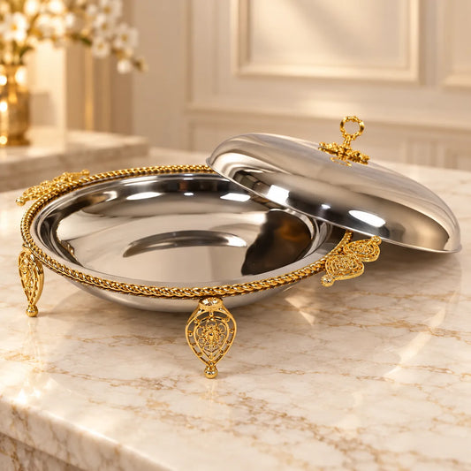 Luxury Round Stainless Steel Serving Dish with Gold Floral Detailing & Dome Lid