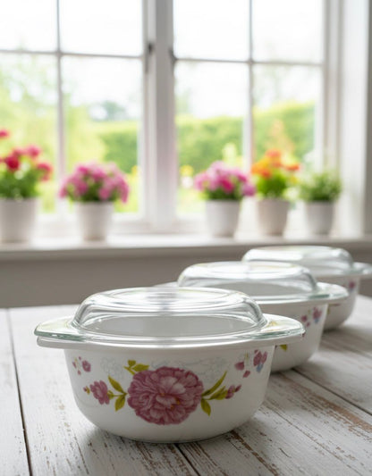 Serving bowl floral Glass lid Set