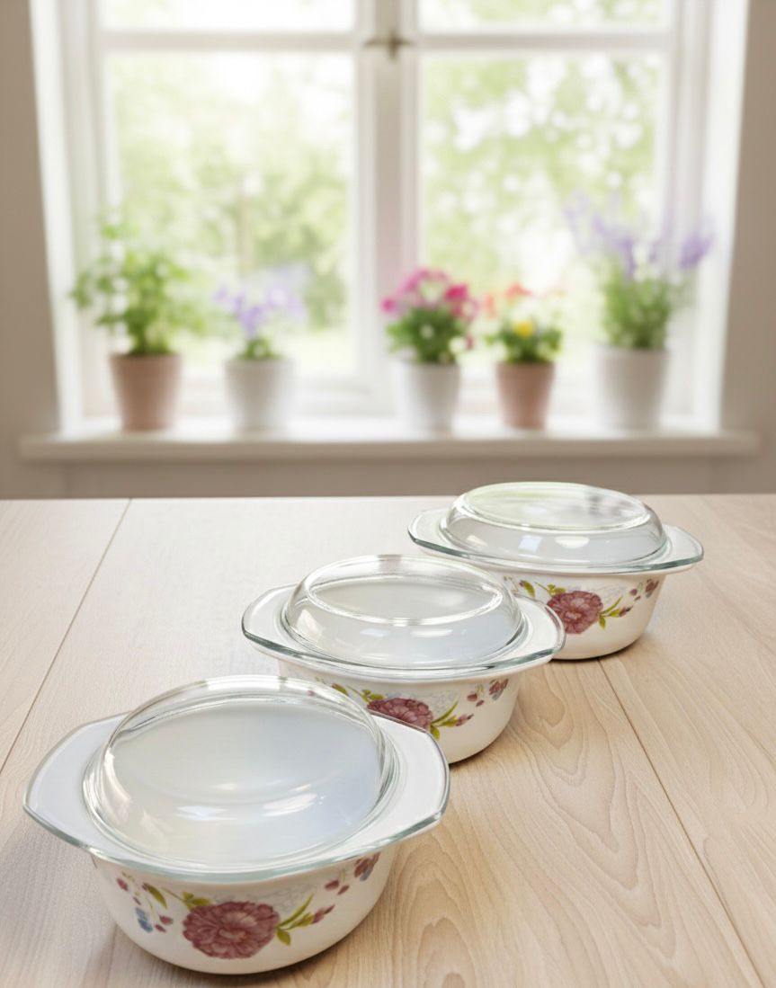 Serving bowl floral Glass lid Set