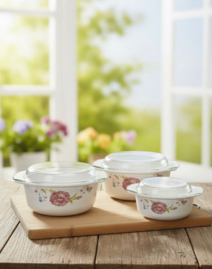 Serving bowl floral Glass lid Set