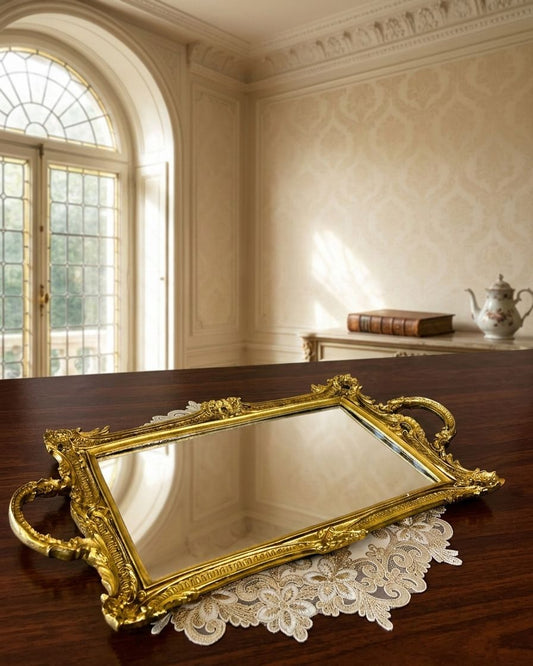Gold framed rectangular mirror tray