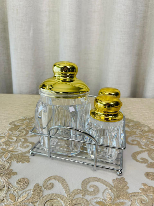 3-piece crystal glass salt and pepper