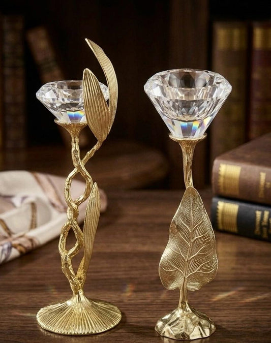 Gold Leaf & Crystal Candle Holder Set
