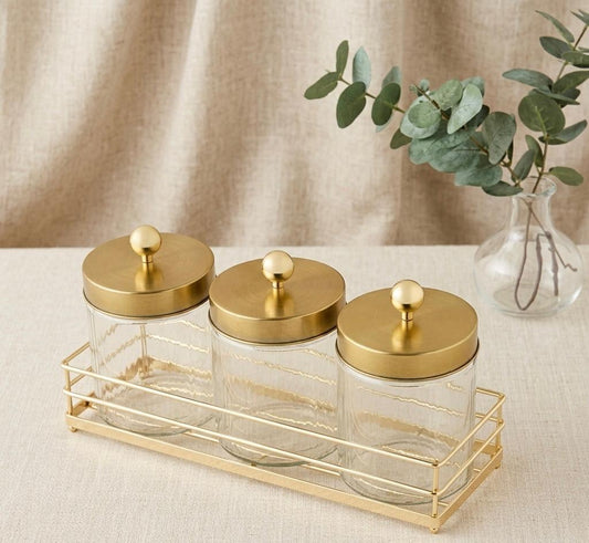 Aurelia Glass Canister Set with Gold Caddy (3-Piece)