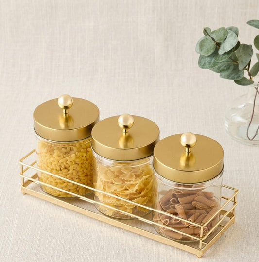 Aurelia Glass Canister Set with Gold Caddy (3-Piece)