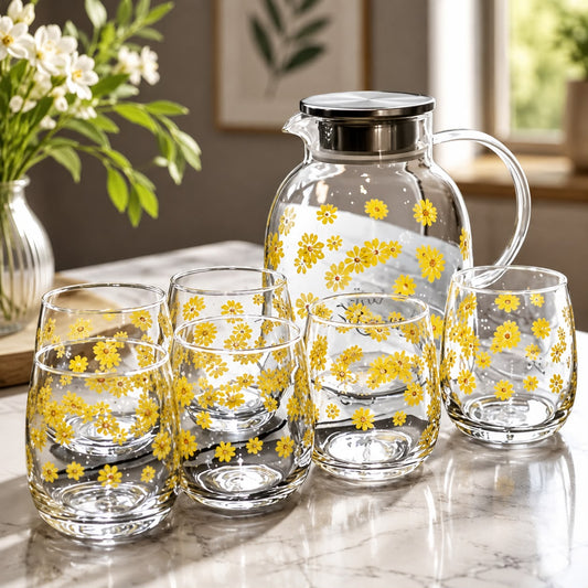 Sunny Blossom Glass Water Jug & 6 Tumbler Set