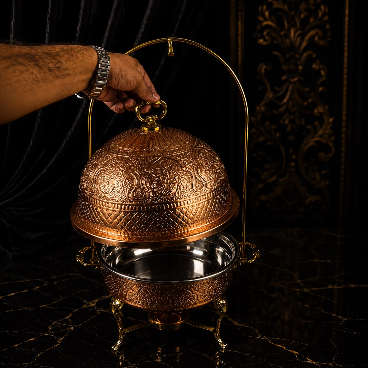Royal Engraved Copper Round Chafing Dish