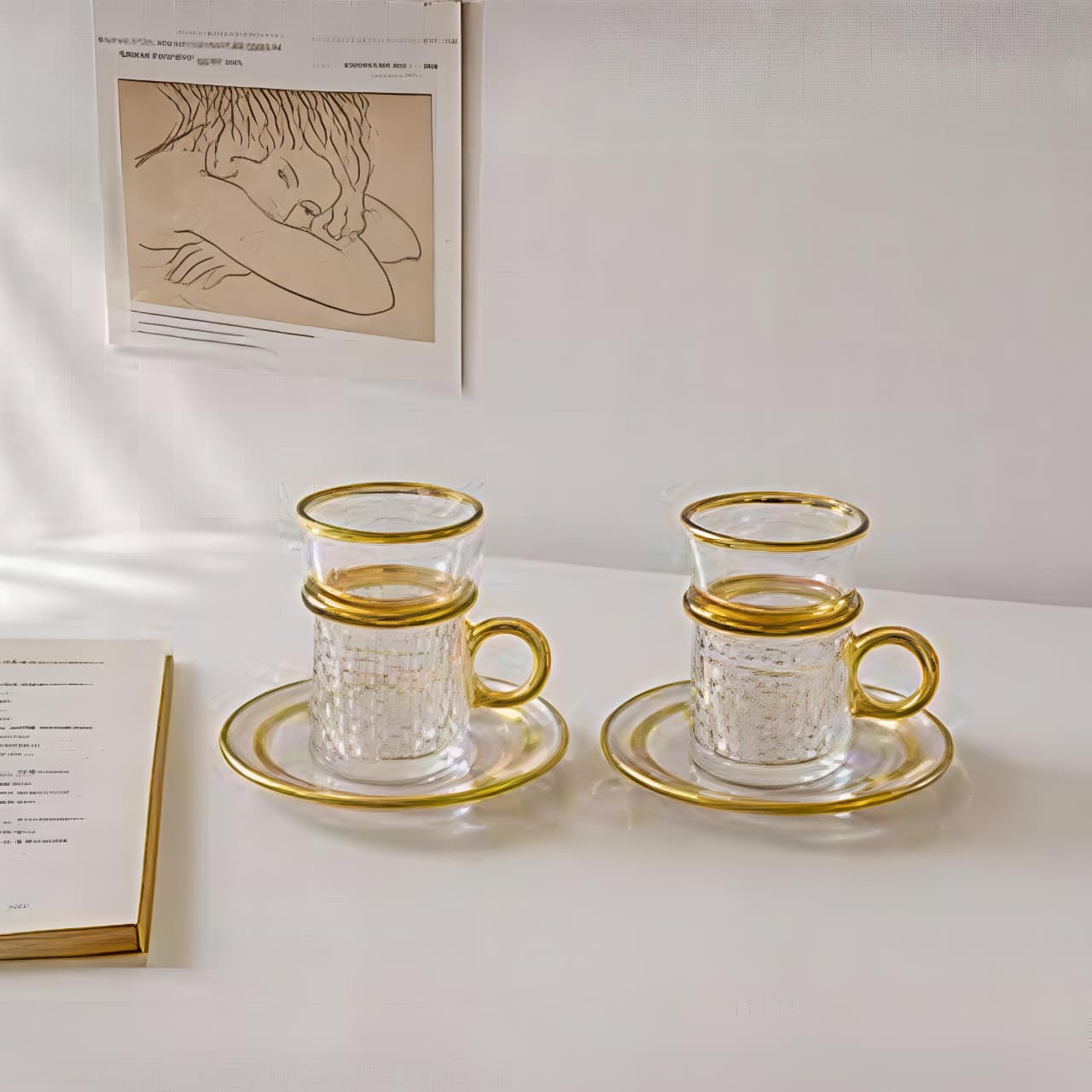 Pebbled glass tea/coffee cups with saucers