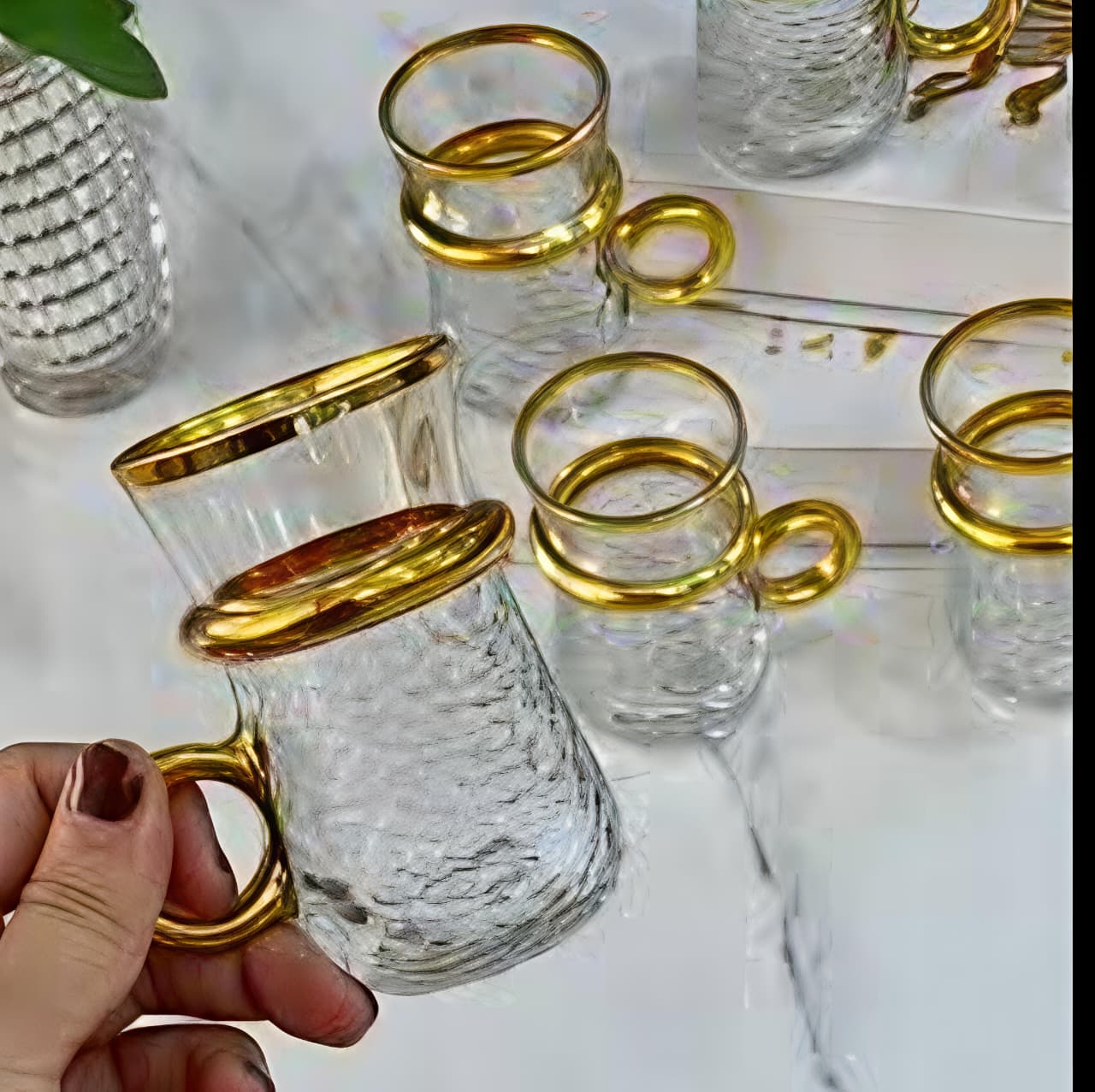 Pebbled glass tea/coffee cups with saucers