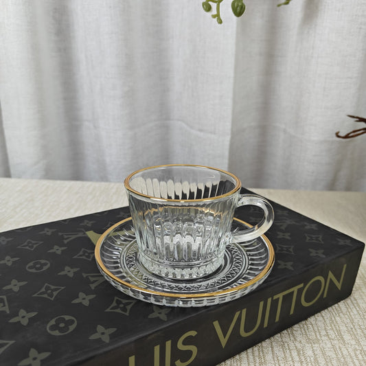 Vertical ridge glass tea cups and saucers
