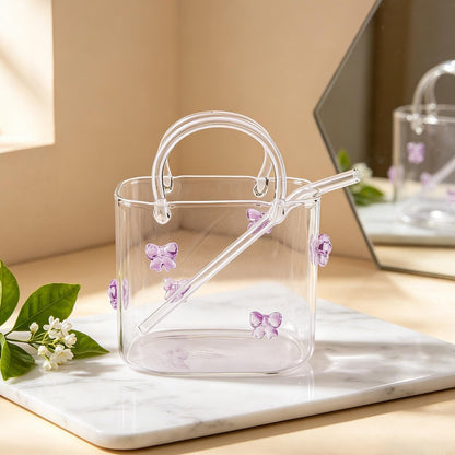 Clear Glass Handbag Drinkware Mug with Glass Straw