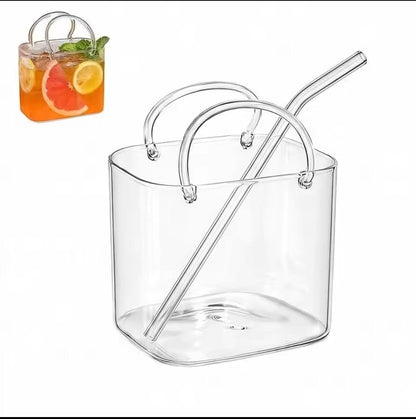 Clear Glass Handbag Drinkware Mug with Glass Straw
