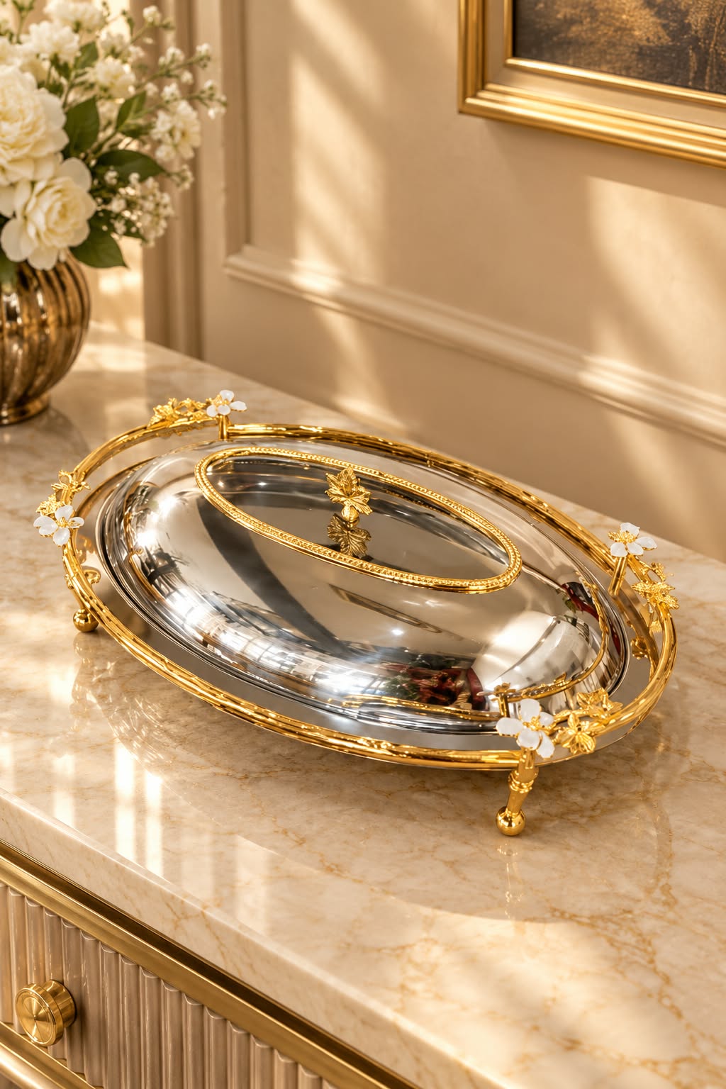 Luxury Round Stainless Steel Serving Dish with Gold Floral Detailing & Dome Lid