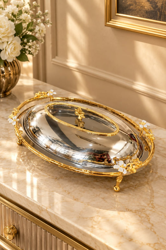 Luxury Round Stainless Steel Serving Dish with Gold Floral Detailing & Dome Lid