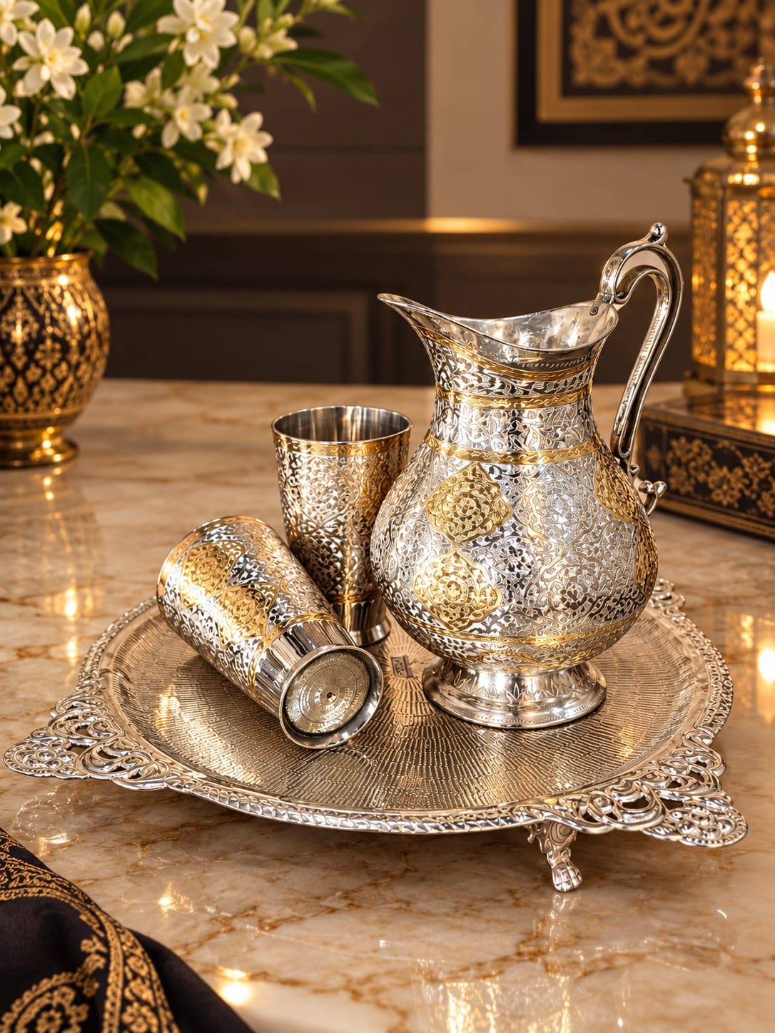 Royal Silver & Gold Engraved Jug and Glass Set with Decorative Serving Tray