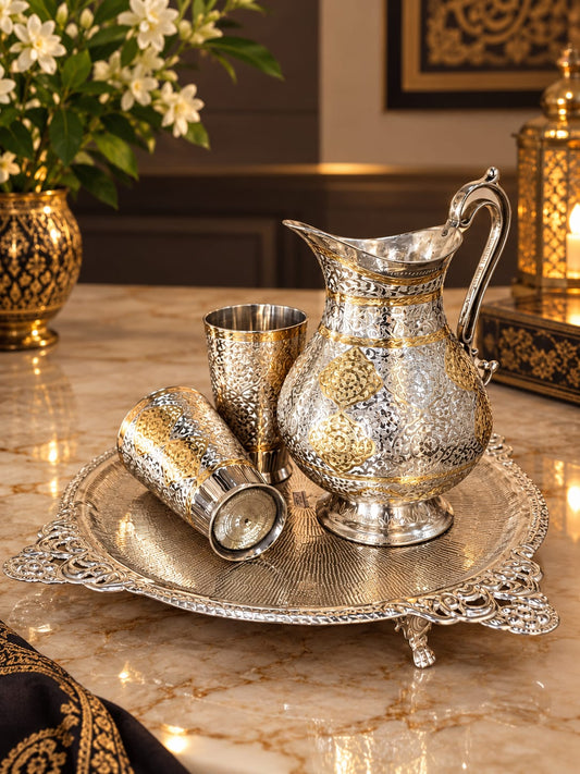 Royal Silver & Gold Engraved Jug and Glass Set with Decorative Serving Tray