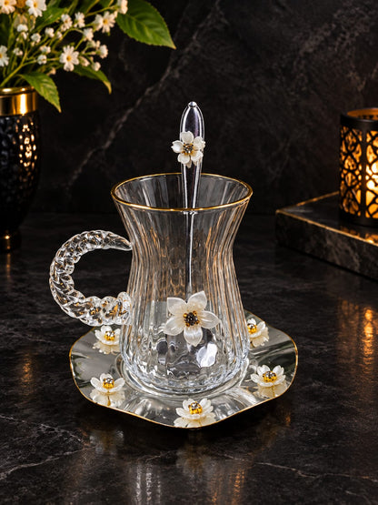 Floral Crystal Glass Tea Cup Set with Spoon & Saucer