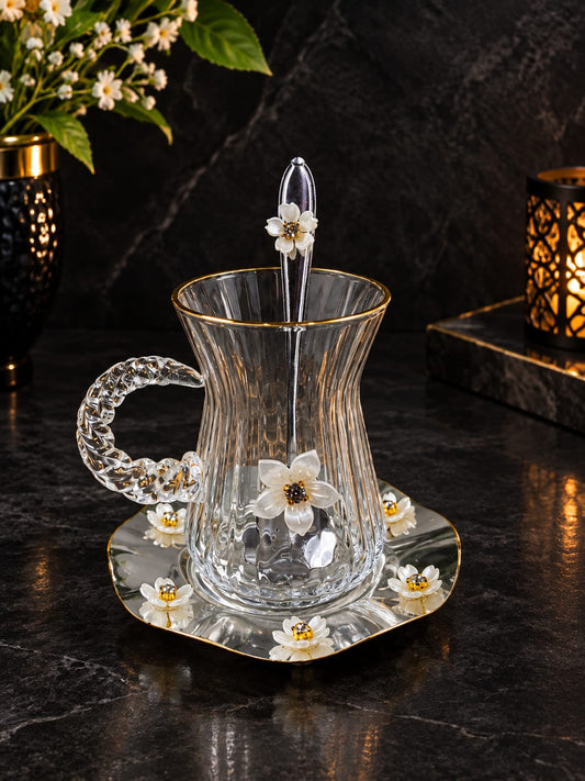 Floral Crystal Glass Tea Cup Set with Spoon & Saucer