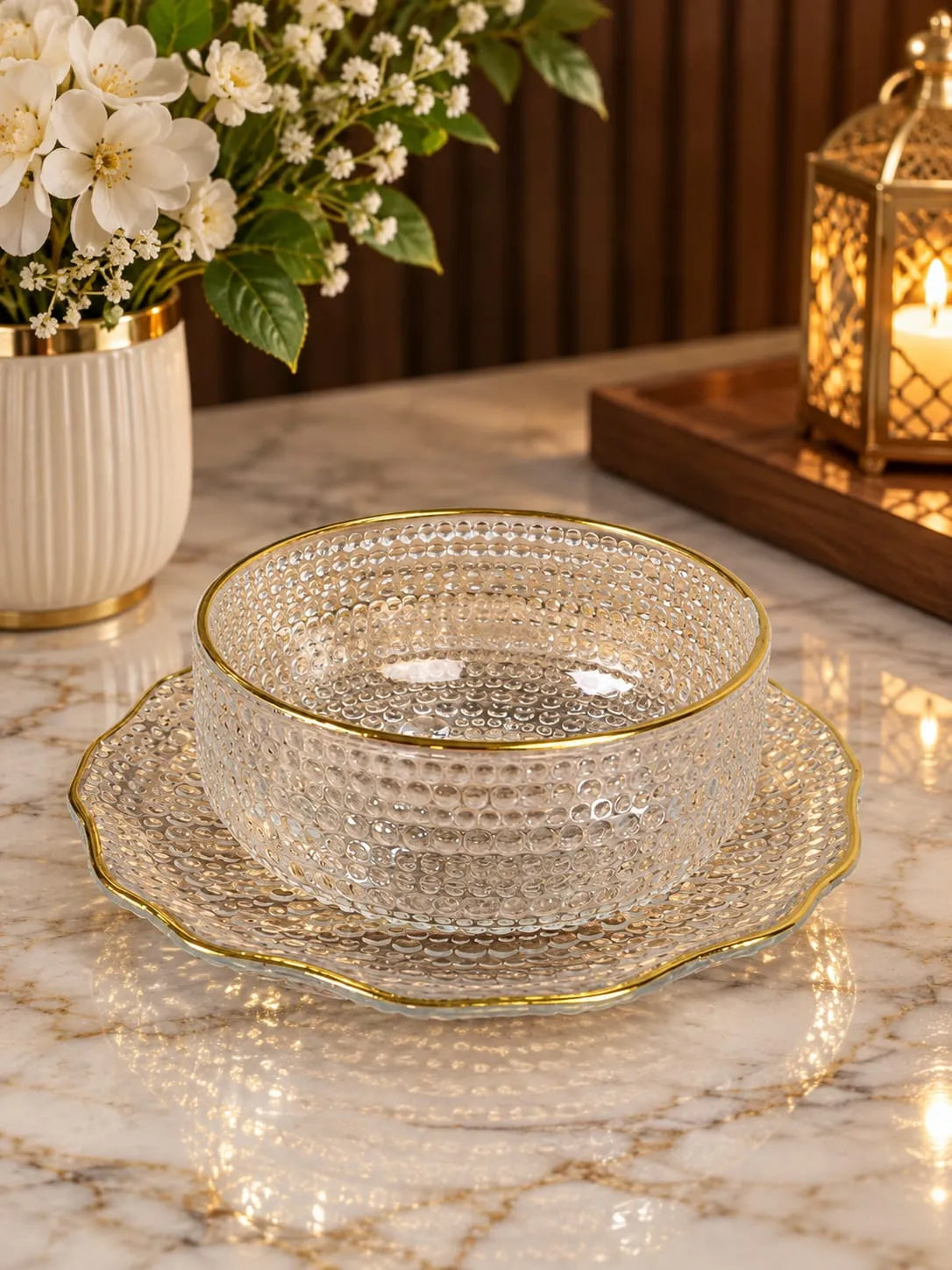 Luxury Gold Rim Crystal Glass Bowl & Saucer Set – 12 Pieces (6 Bowls + 6 Saucers)
