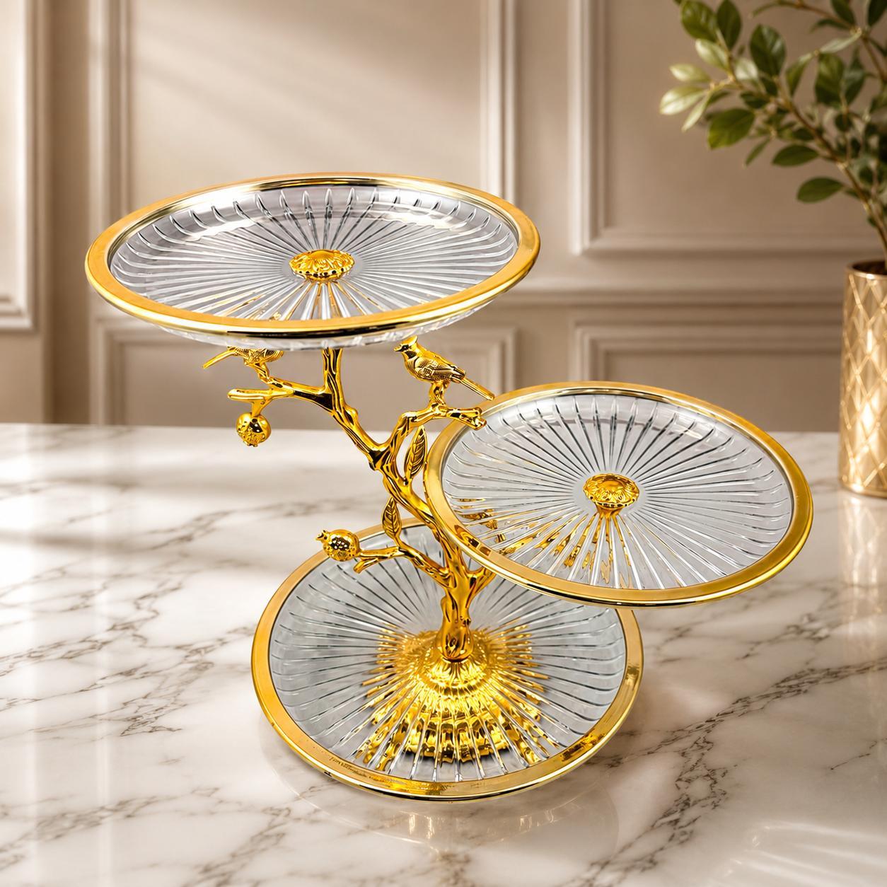 Aura Aviary Bird 3-Tier Round Crystal Stand